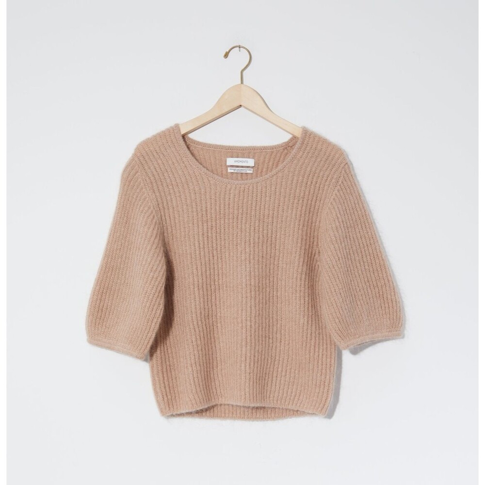 Amomento Womens Kid Mohair Wool Half Sleeve Pullover Tan Sweater Size 2 Medium